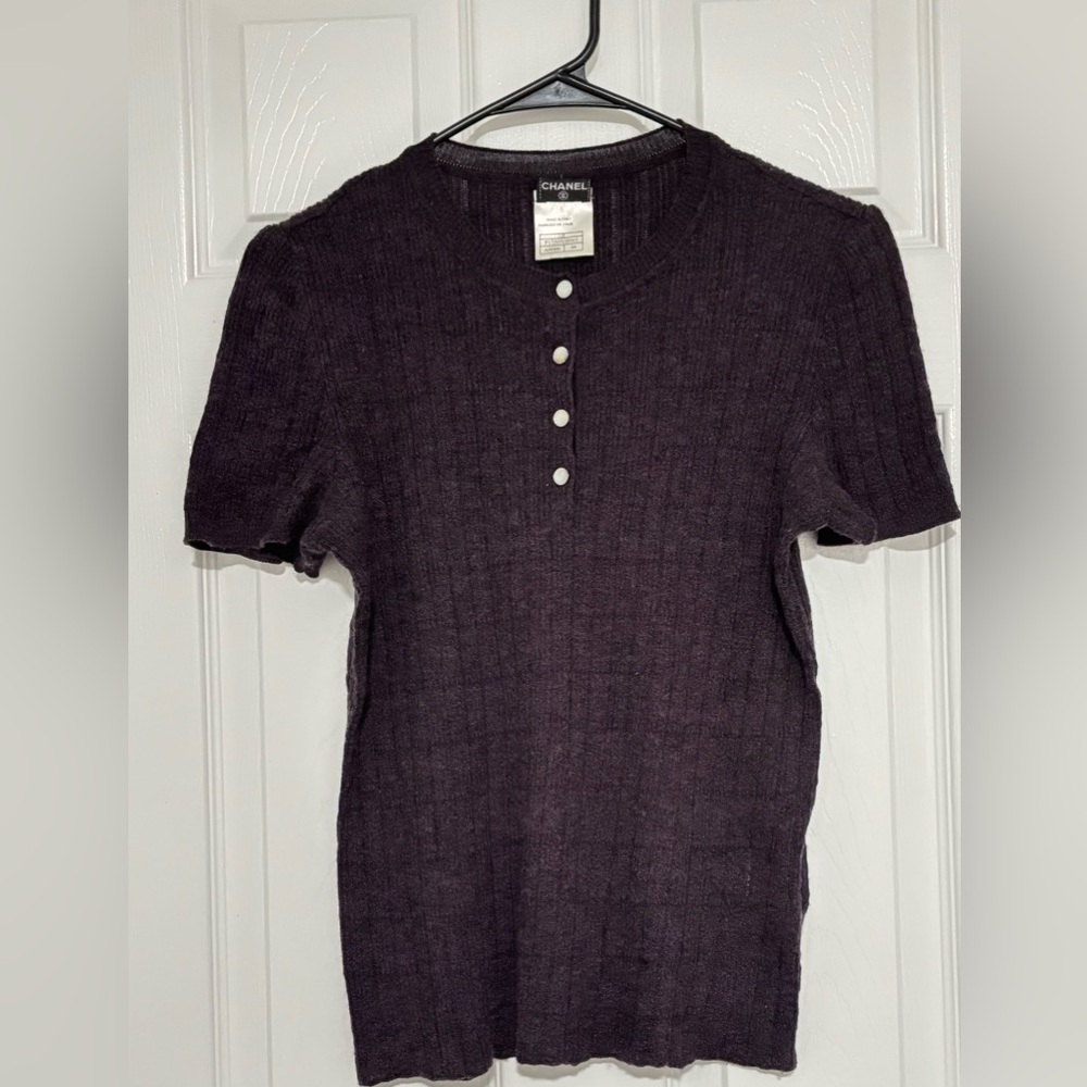 Chanel Short Sleeve Cotton-Cashmere Sweater